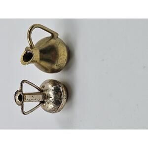 ​Vintage Miniature Brass & Silver Metal Ewer Pair Heavy Patina Dollhouse Pitcher